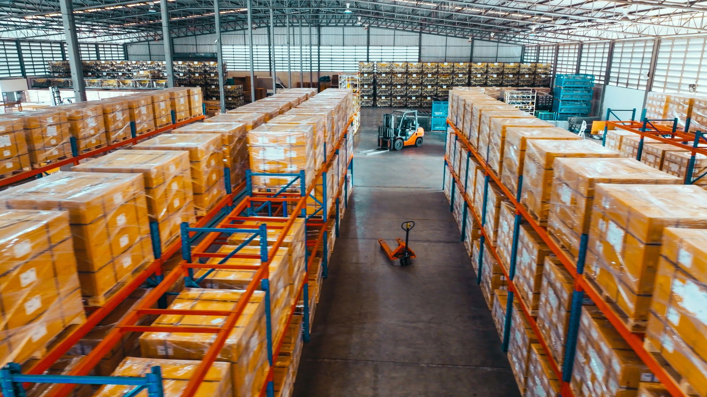 Warehouse shelves with packaged inventory