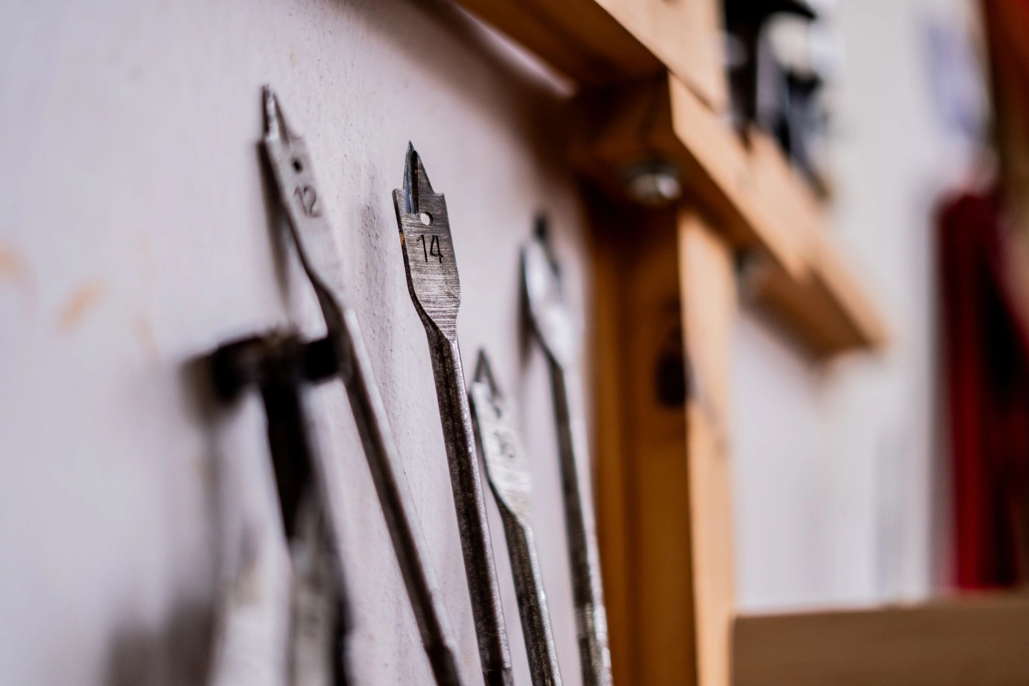 Close-up of drill bits in a workshop
